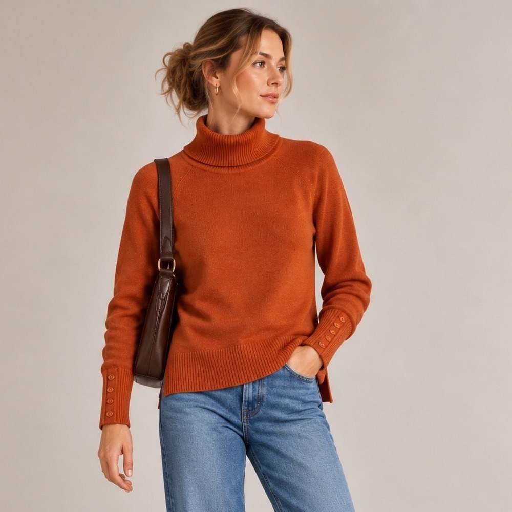 Victor Alfaro Turtleneck Sweater Womens L Orange Wool Button Cuff Dark Academia